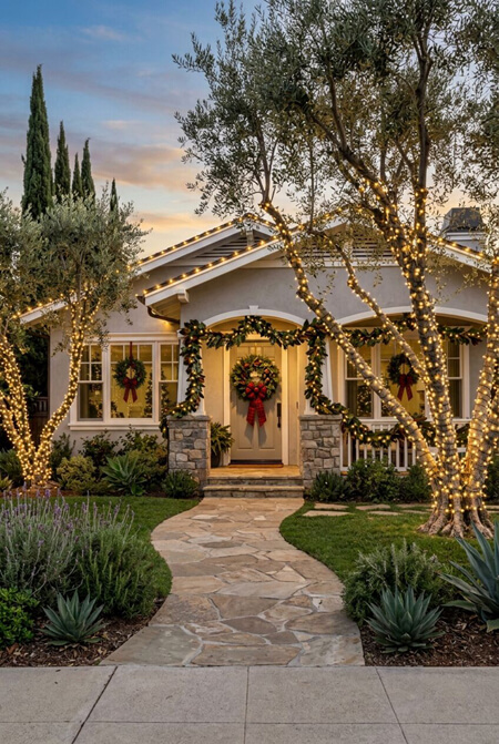 One story home with Christmas lights