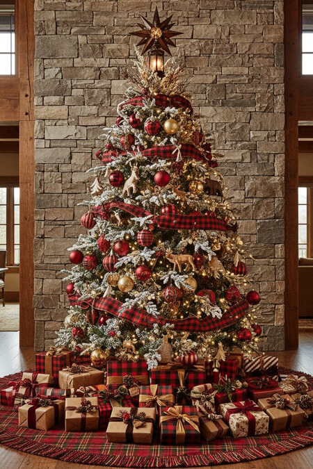 Flocked Christmas tree with red plaid decor