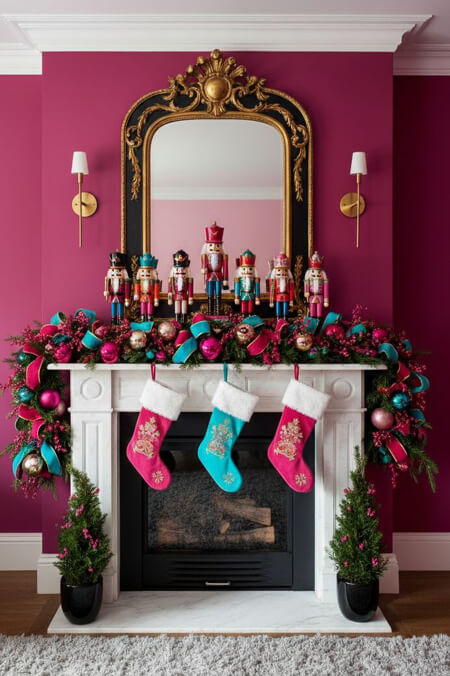 Colorful pink and blue fireplace mantel decorated with nutcracker soldiers
