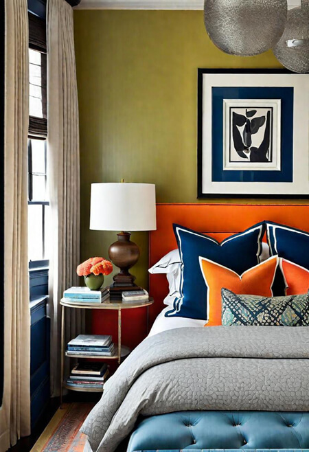 eclectic bedroom orange navy green