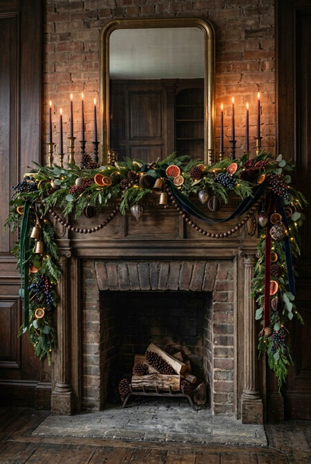 Ornate rustic mantel decorated for Christmas