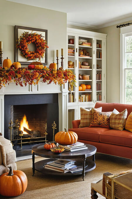 fall leaves nature fireplace mantel decor