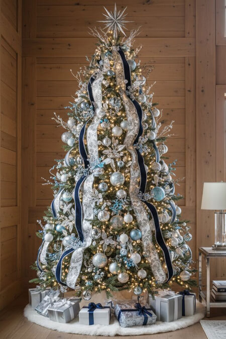 Rustic blue and silver Christmas tree
