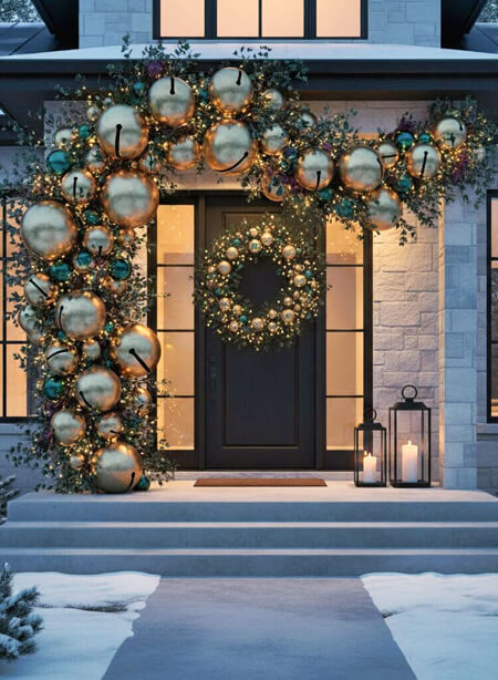Modern front porch decorated for Christmas with asymmetrical garland and huge gold ornaments