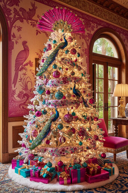 Bold pink peacock themed Christmas tree