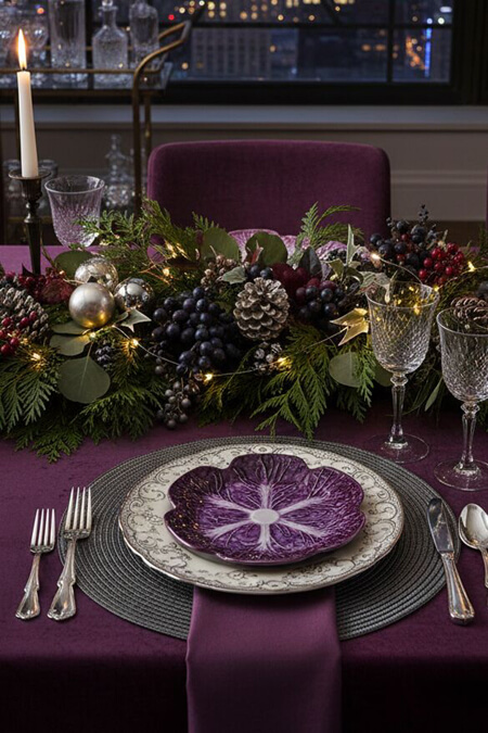 Purple cabbage dinner plate on Christmas tablescape