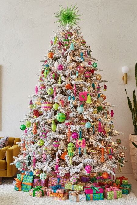 White flocked Christmas tree with colorful pink and lime green ornaments