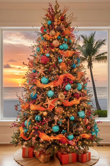 Beach house sunset Christmas tree decorating ideas