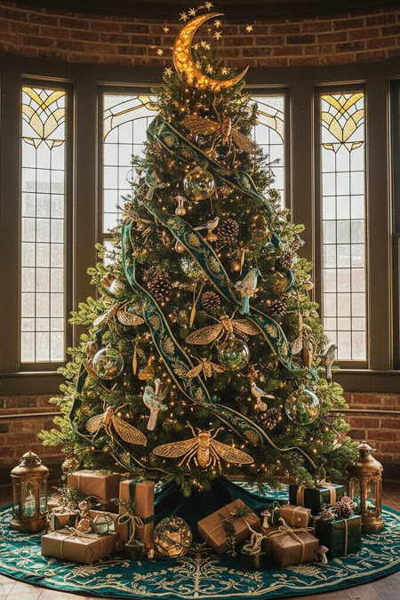 Magical Chrismas tree with moon tree topper and pine cones