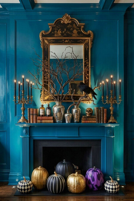 Bold fireplace mantel with pumpkins