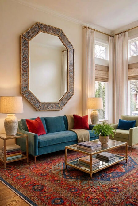red blue small living room large mirror