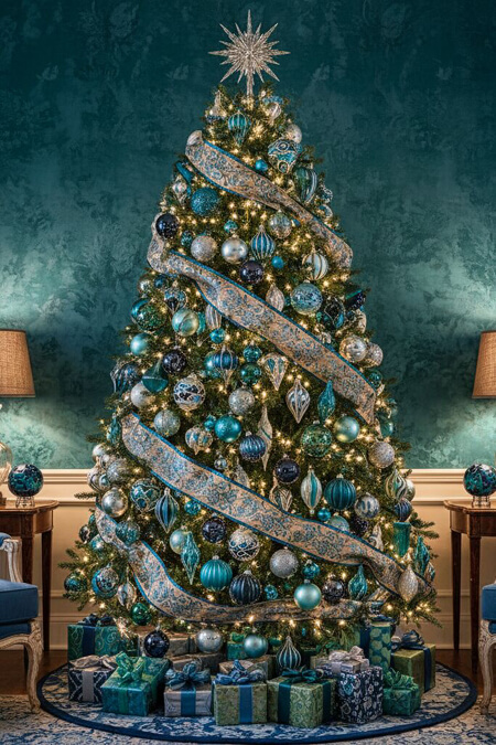 Blue and green Christmas decorations on a Christmas tree