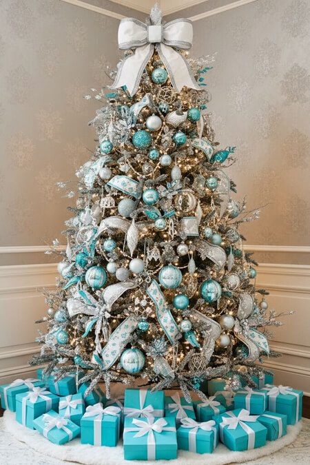 Christmas tree decorated with Tiffany Boxes in Tiffany Blue