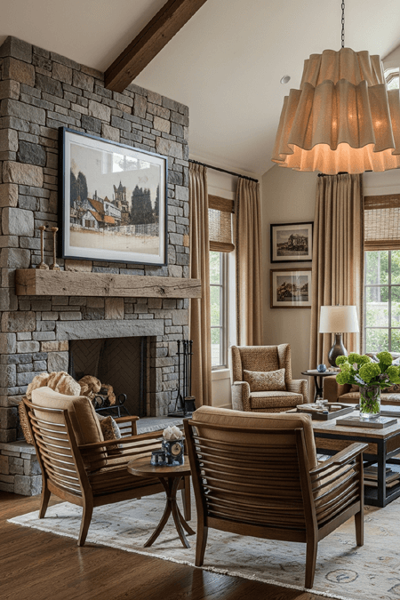 rustic living room with stone fireplace