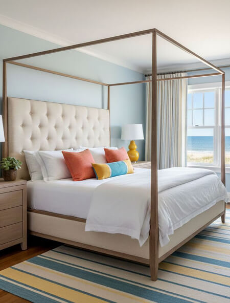 Modern white bedroom with colorful accents at the beach