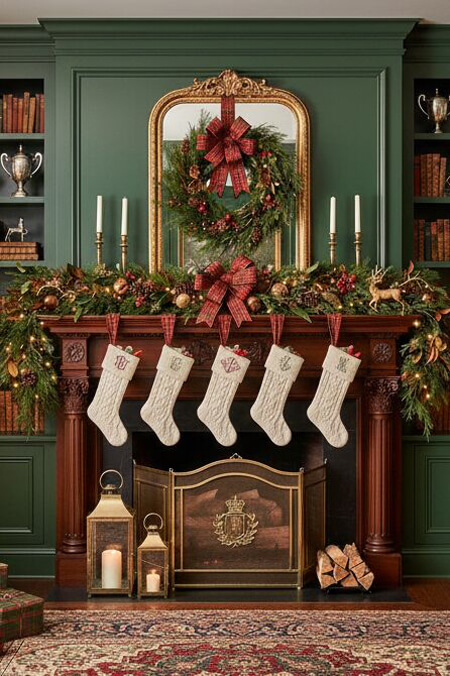 Traditional elegant fireplace mantel decorated for Christmas