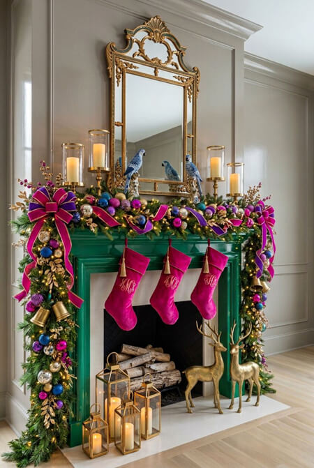 Green blue pink Christmas decor on a fireplace mantel