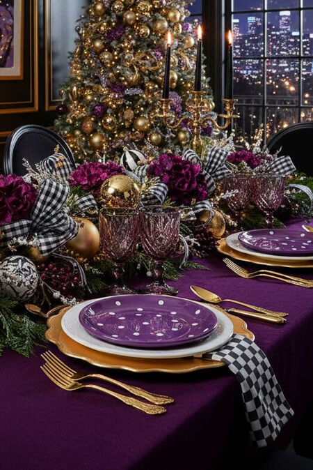 Whimsical black white purple Christmas tablescape decorating ideas in a MacKenzie-Childs aesthetic