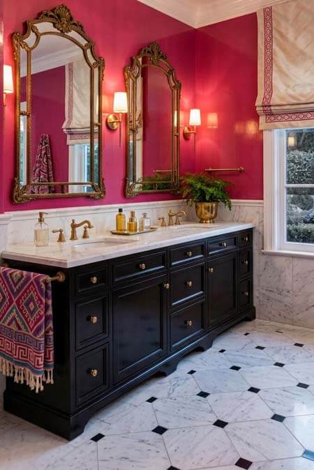 Pink black white bathroom