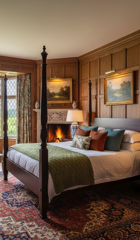 english country bedroom with wood paneling
