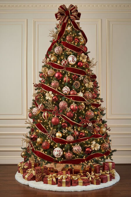 Traditional burgundy and gold Christmas tree