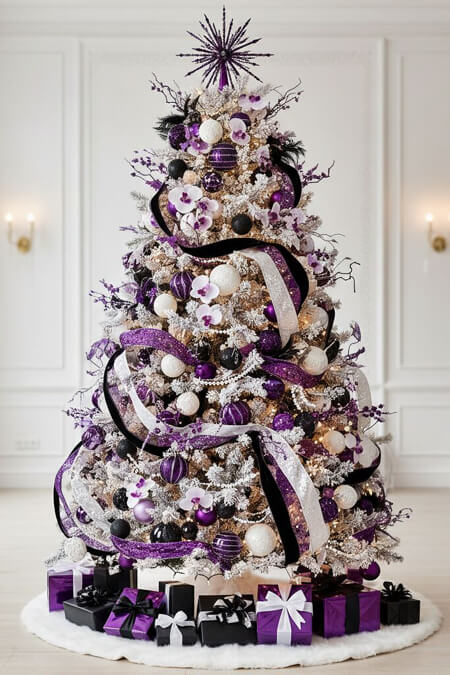 Dramatic purple black white Christmas tree