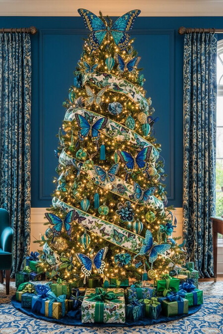 Blue and green Christmas tree with butterfly ornaments