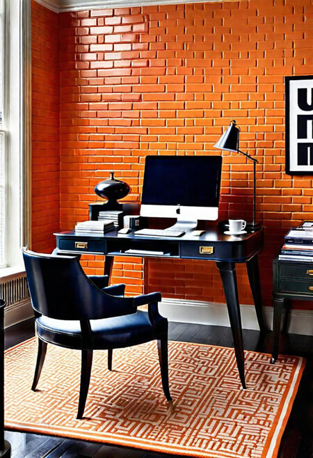 orange painted brick wall home office