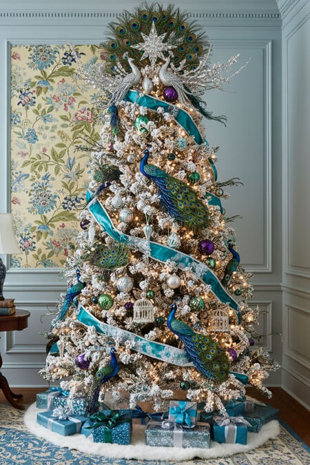 White flocked Christmas tree with a peacock theme