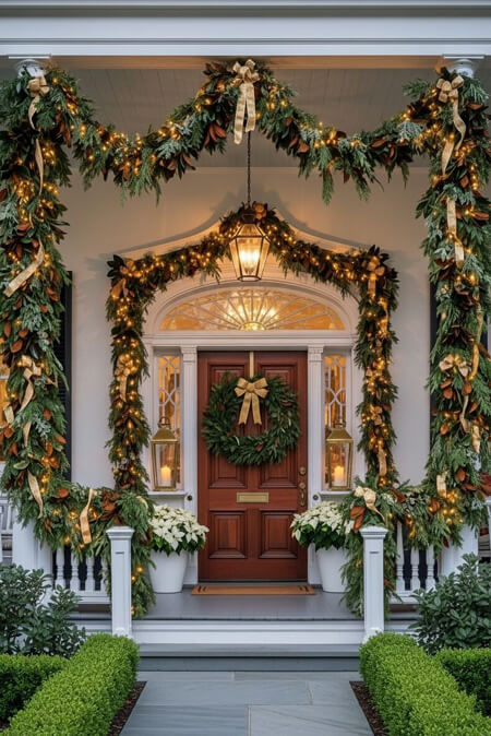 Front porch decorated for Christmas with garland having many ribbons and bows