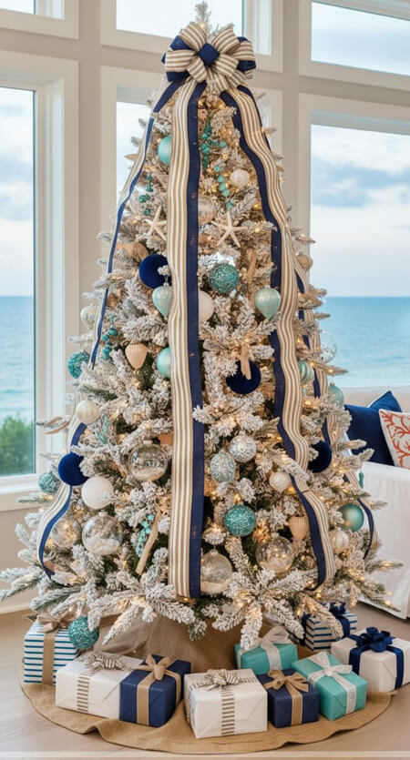 Beach house flocked Chrstmas tree with blue decorations