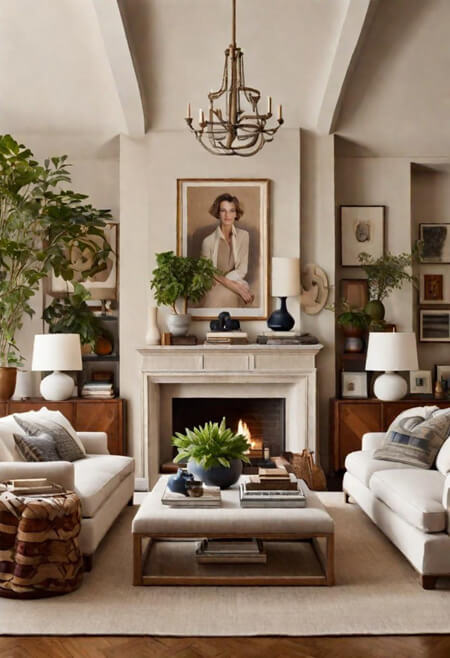 Traditional eclectic maximalist neutral living room
