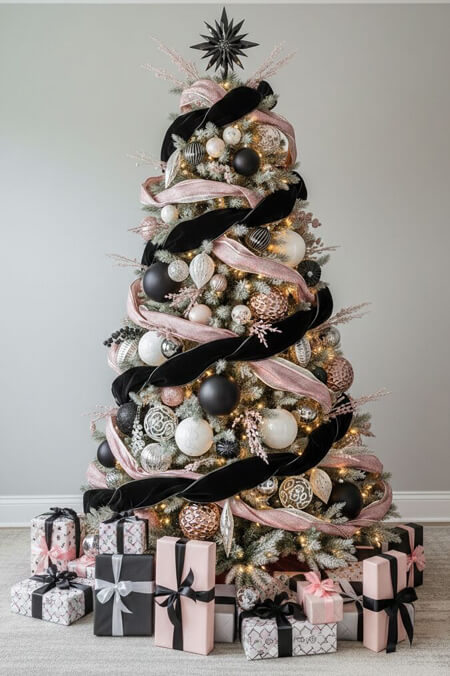 Pink and black Christmas tree decorating ideas