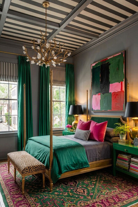 Pink green gray black bedroom