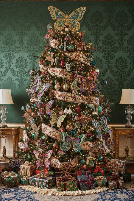 Collected and curated Christmas tree with butterfly ornaments