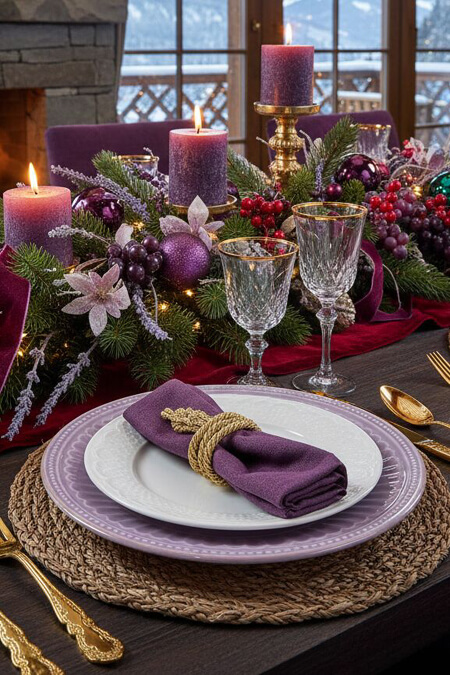 Elegant Christmas tablescape with purple accents