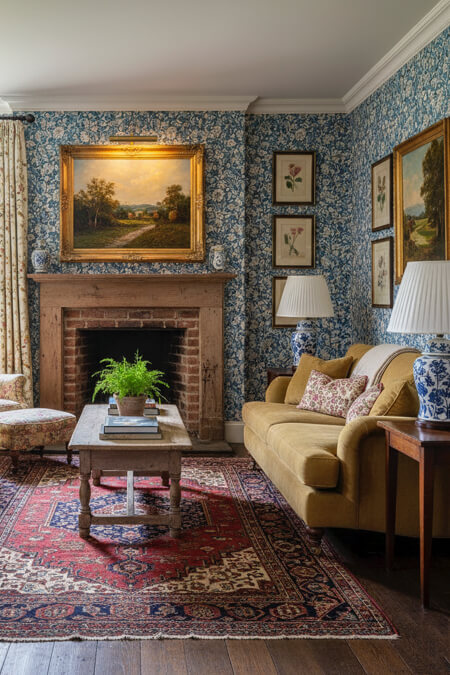 english country living room with blue floral wallpaper