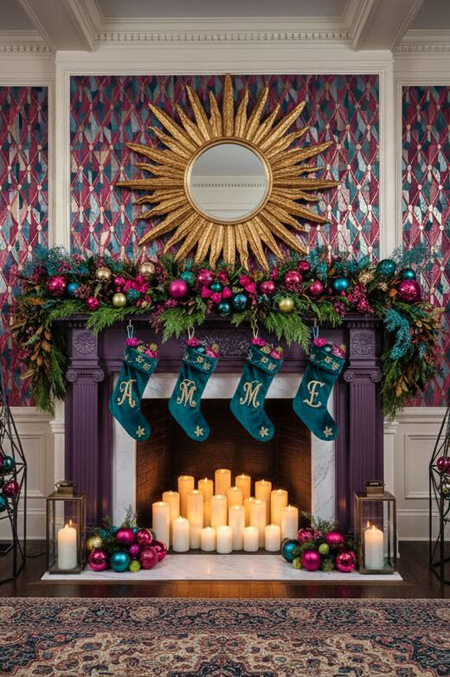Jewel tone Christmas decor on a fireplace mantel