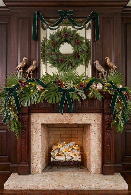 Tropical Christmas decor on a fireplace mantel - AI-assisted image | Human-edited