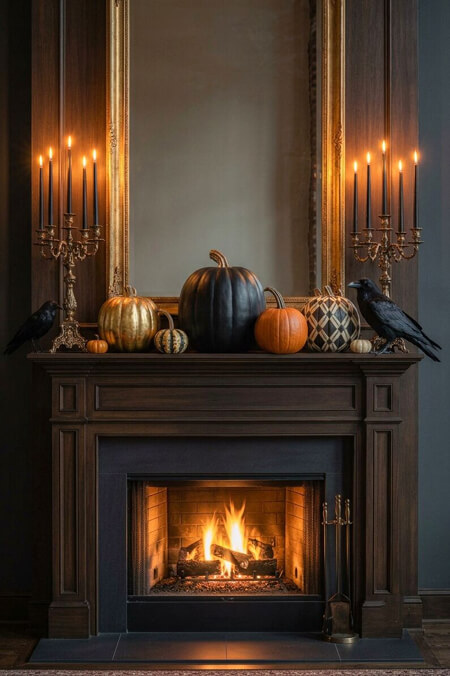 Halloween fireplace mantel
