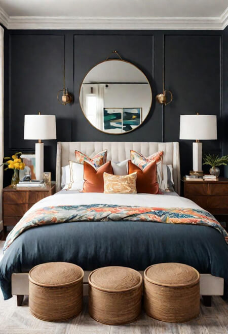 Bedroom with black walls and mirror over bed