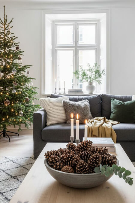 Minimalist living room decorated with a bowl of pine cones