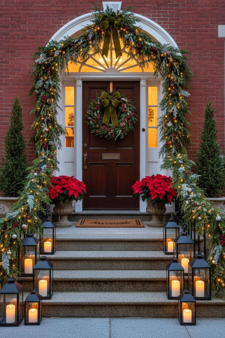 Poinsettias on a front porch decorated for Christmas