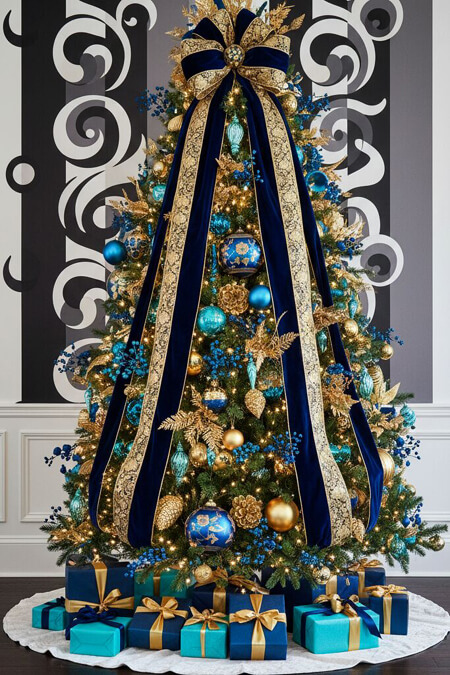 Modern bold unique Christmas tree decorating ideas with blue and gold