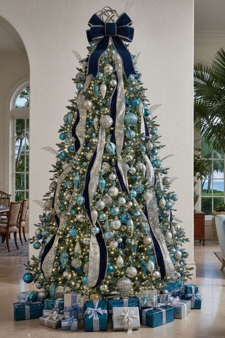 Ribbons on a blue and silver Christmas tree
