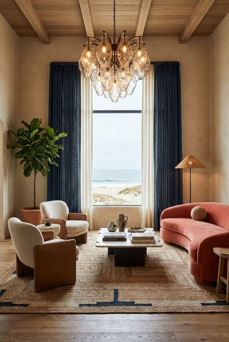 Modern dramatic minimal beach house living room