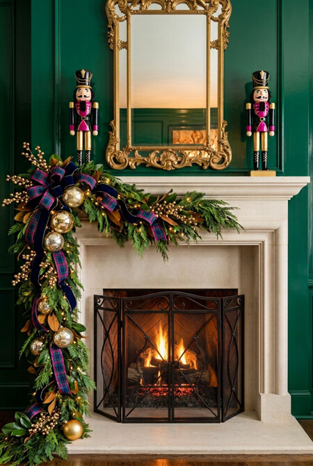 Purple green gold Christmas decor on a fireplace mantel