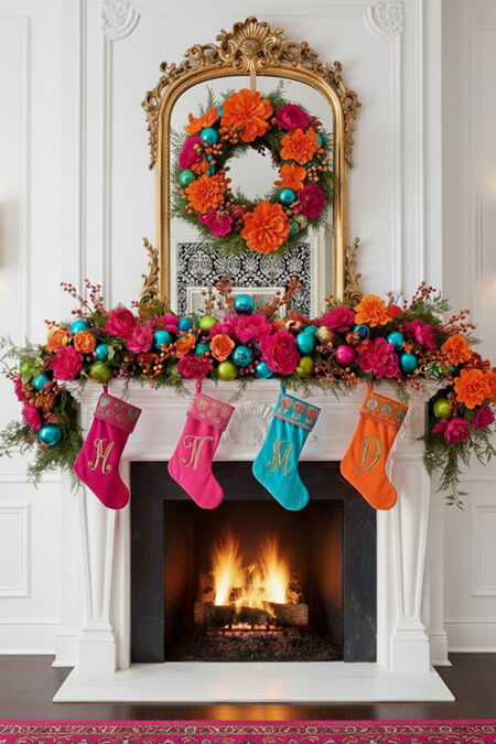 Modern fireplace mantel decorated with pink blue orange for Christmas
