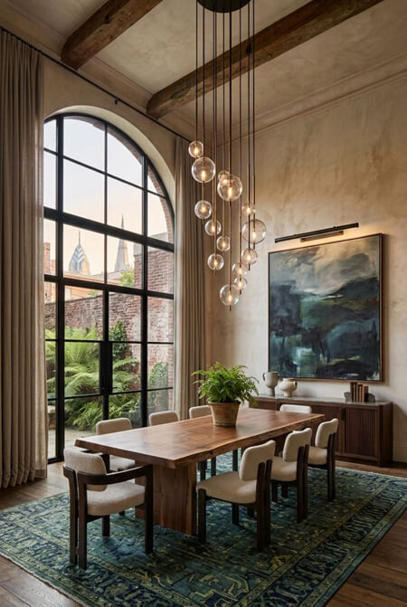 Dining room with tall ceiling