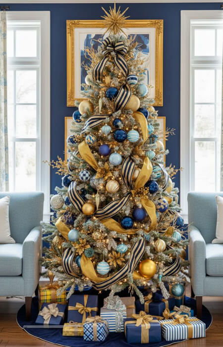 Contemporary casual blue and gold Christmas tree decorating ideas